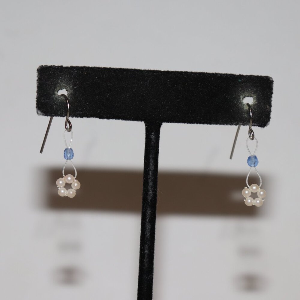 🤍💙 Silver Hook Earrings w/ Pearl‑Beaded Flower & Blue Beaded Dangles · 1 1/8"